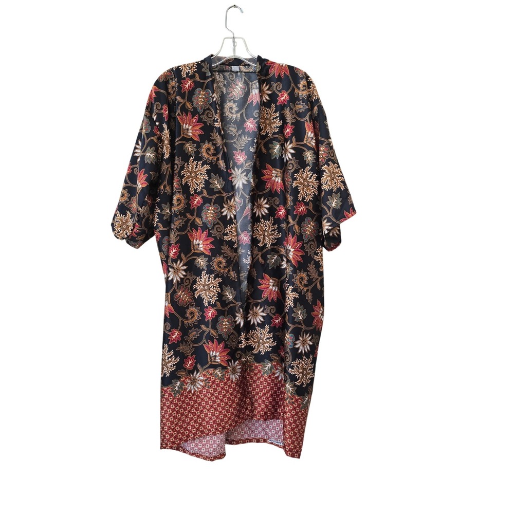 Handmade Indonesia Silk Batik Kimono Robe Floral Duster Black Red‎ Gold OS